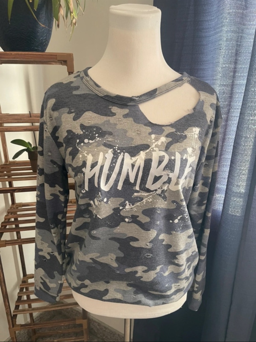 cleo Gray & Black Camo 'HUMBLE' Distressed Neckline Sweatshirt